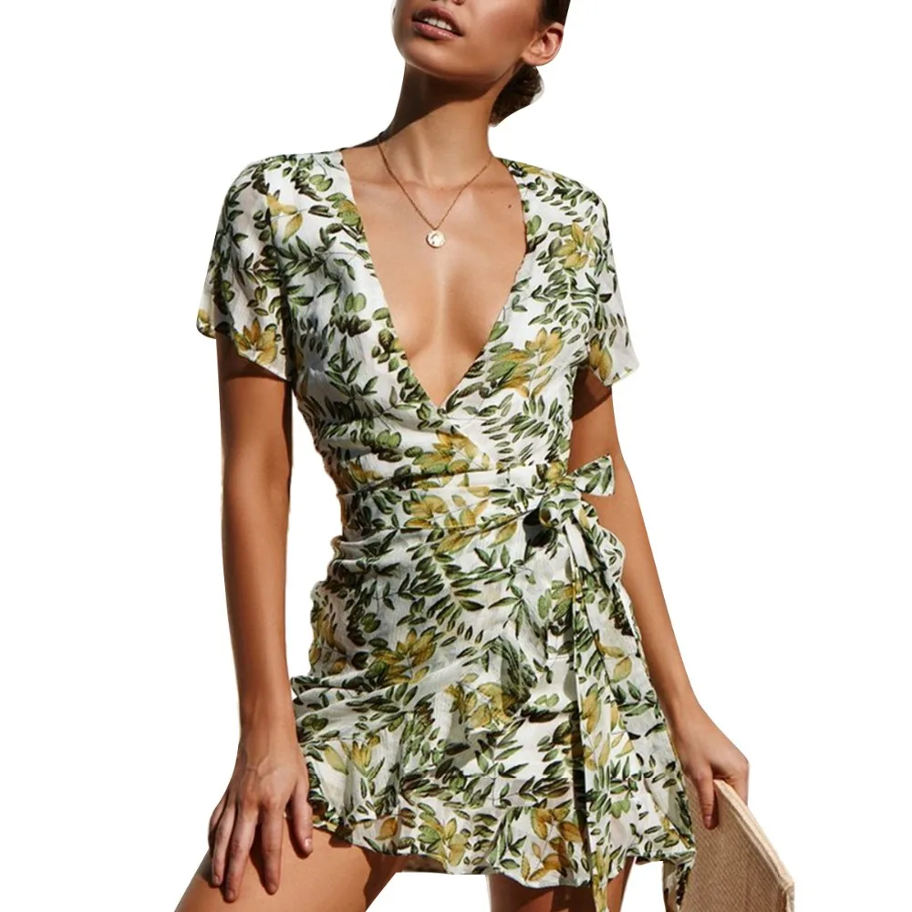 Summer Sexy Short Sleeves Dress V-Neck Floral Print Dress Women 2019 Casual Ruffle Sexy Mini Sashes Dress Vestidos
