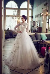 Романтические кружева длинные Свадебные Платья 2016 красивые длинные рукава аппликации белое свадебное платье для свадьбы robe de mariage