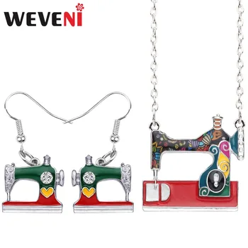 

WEVENI Original Enamel Alloy Sewing Machine Earrings Necklace Pendant Trendy Tools Jewelry Sets For Women Girl Gift Bijoux Hot
