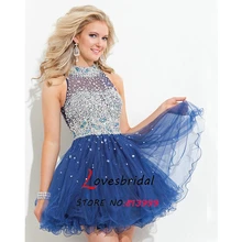 Marineblau Tulle Vestidos De Fiesta 2015 Neue Ankunft Shiny Perlen Cocktailkleid Mini Crystals Open Back-partei-kleid CJ113