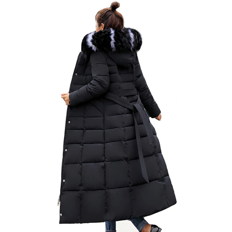 

2019 New Arrival Winter Jacket Women X-long Fur Hooded Warm Thicken Female Coat Warm Thicken Elegant With Belt Winter Parka