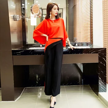 

Fashion Spring Summer Women High Quality 2 Piece Set Batwing Sleeve Tops And Wide leg Pants Plus size Office Lady Pants Suit