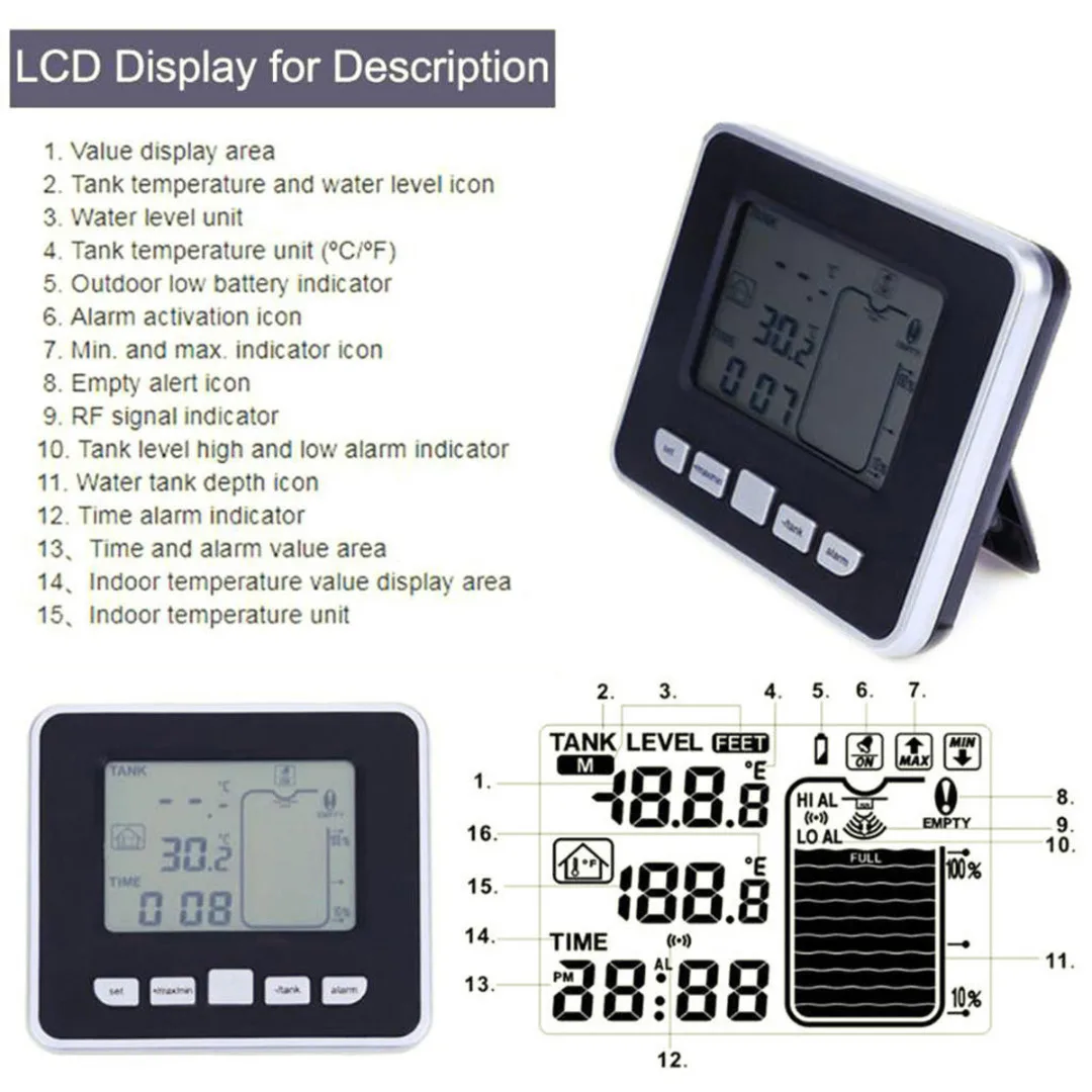 1pcs Ultrasonic Water Tank Level Meter Temperature Sensor Display Time Low battery Indicator Instruments Tools Mayitr