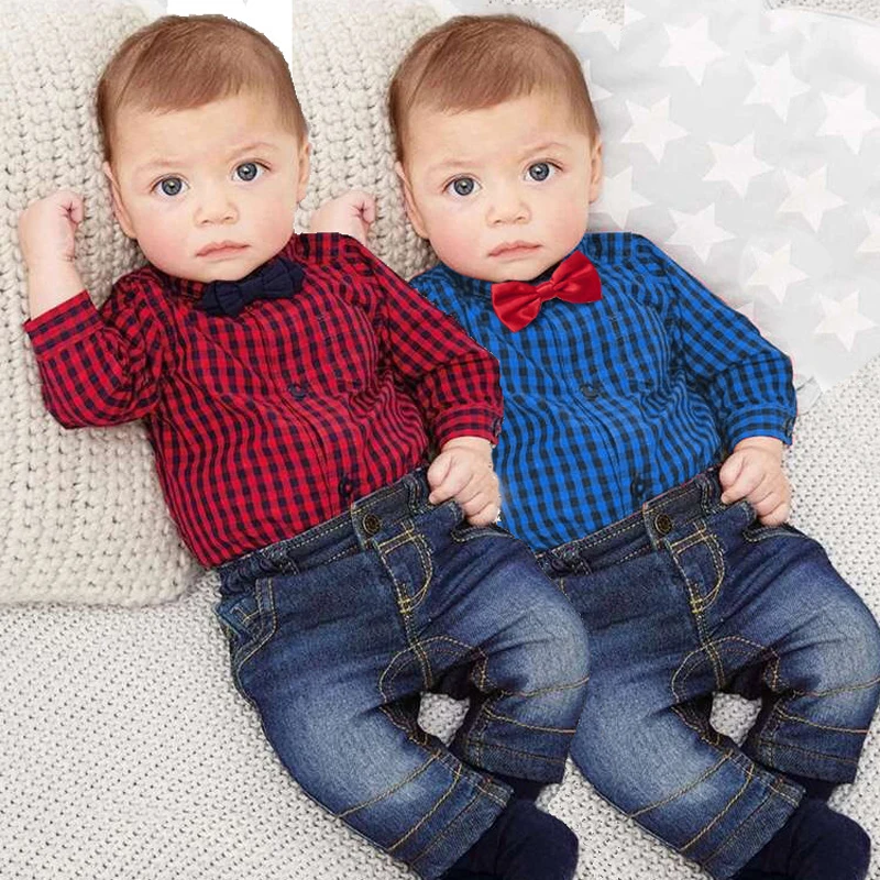 

Spring Autumn Newborn Baby Boys Clothes Fashion Toddler Infant Girls Romper Set Long Sleeve Lattice Romper+Jeans 2 pcs