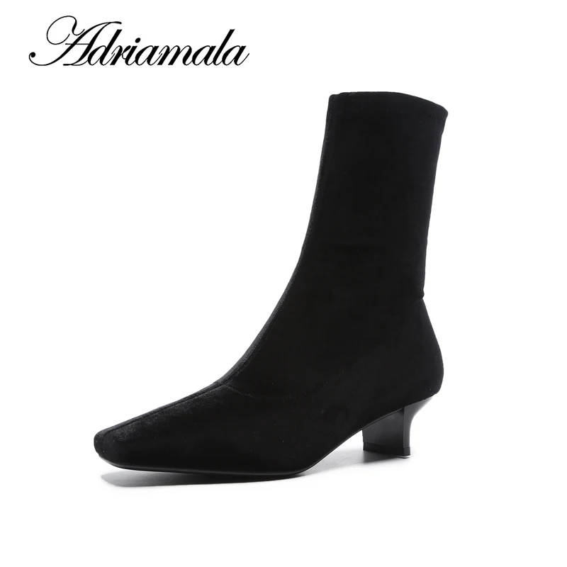 

2018 Flock Ladies High Heel Boots Square Toe Spike Heels Sewing Motorcycle Ankle Boots For Women Fashion Adriamala