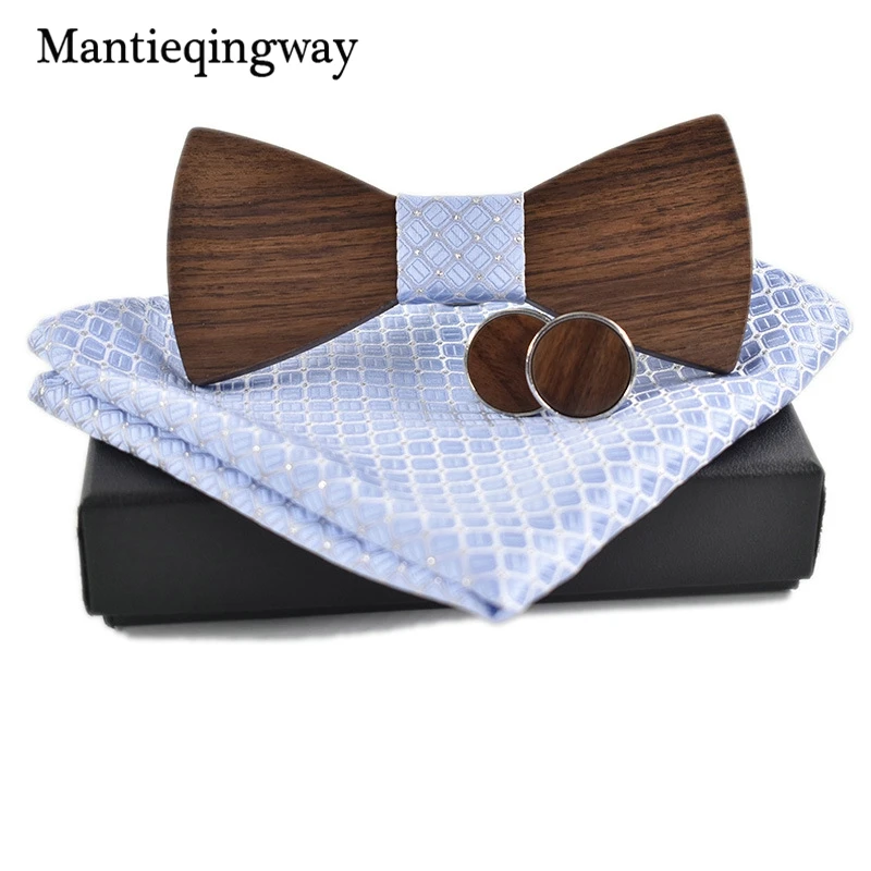 

Mantieqingway Personality Wood Bow Ties Hanky Set for Mens Wedding Suits Business Wooden Bowtie Hadkerchief Cufflinks Set