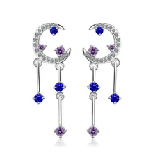 Новые Красивые креативные звезда и Луна длинные сверкающие кристаллы 925 стерлингового серебра ювелирные изделия изысканные женские серьги SE853