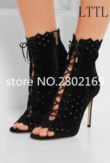 Newest Arrival Cross-tied Ankle Black Suede Leather Fashion Peep Toe Basic High Thin Heels Women Shoes Sexy Lace-Up Sandals