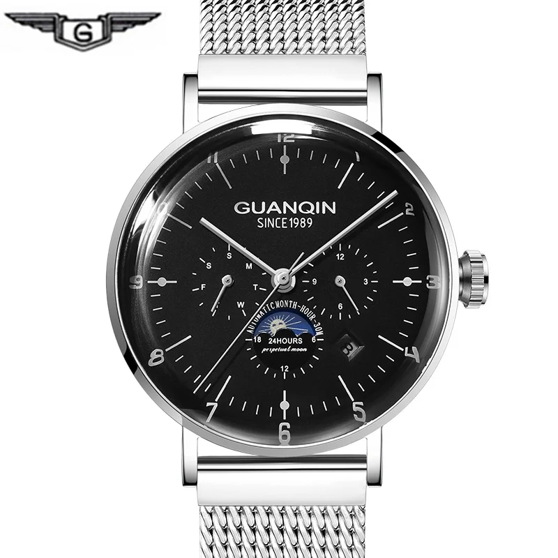 GUANQIN Tourbillon автоматические водонепроницаемые часы, мужские наручные часы со скелетом, мужские механические 3D часы Curver, мужские часы - Цвет: Black silver