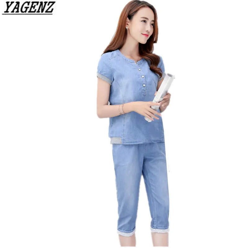 YAGENZ Summer Ladies Denim Suit Fashion Short sleeve Loose Thin Tops 2
