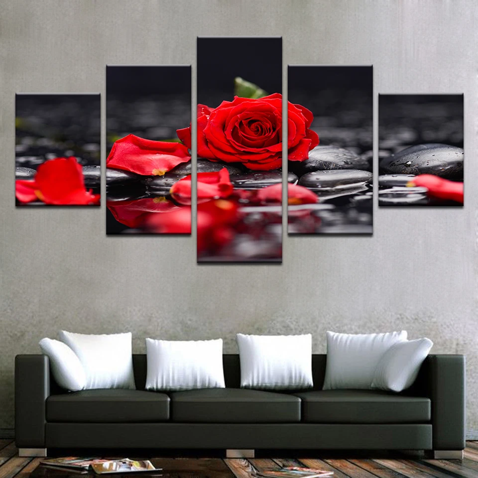 

Canvas Paintings Home Decor Living Room Wall Art 5 Pieces Red Rose Flowers Pictures Modular Prints Stone Petal Poster Framework