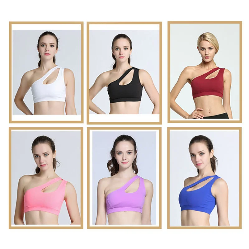 Diliflyer Sexy One Shoulder Solid Sports Bra Women Fitness Yoga Bras GymPadded Sport Top Athletic Underwear Workout Running Bras