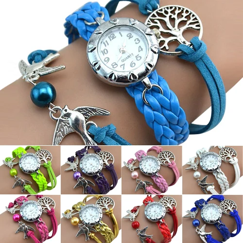 Горячая больше цветов винтажные женские часы Древо жизни очаровательные птицы кожаный плетеный браслет часы NO181 5UVC