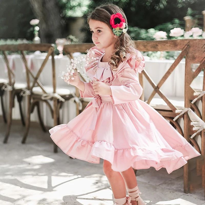 Винтажное платье принцессы для девочек; детское платье с длинными рукавами; платья с оборками для маленьких девочек; детские костюмы для вечеринки; цвет розовый