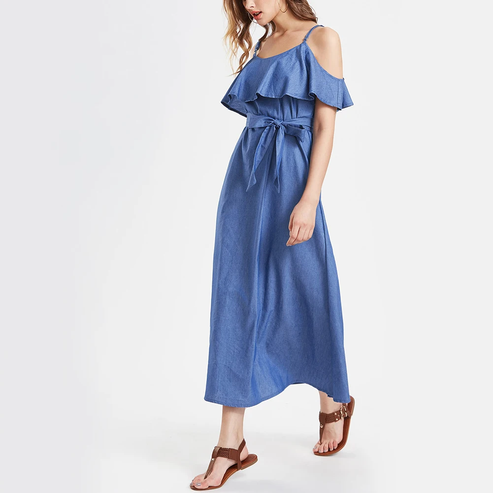 Fashion Women Summer jean Dress Ruffle Spaghetti Strap Open Shoulder Long Slim Denim Dress Fashion Women Summer jean Dress Ruffle Spaghetti Strap Open Shoulder Long Slim Denim Dress
