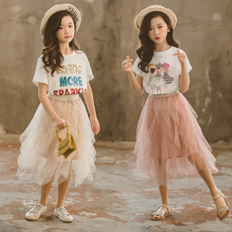 

Irregular Mesh Half-length Skirt Two-piece Suit Cartoon Sequins Tops Girls Suits Summer T-shirt for Little Girl