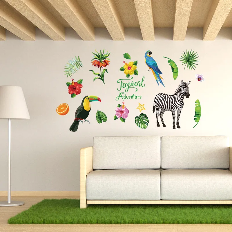 Стикер на стену с изображением тропических джунглей, попугая, для спальни, гостиной, мобильного телефона, креативный, прикрепленный к декоративной стене, украшение окна