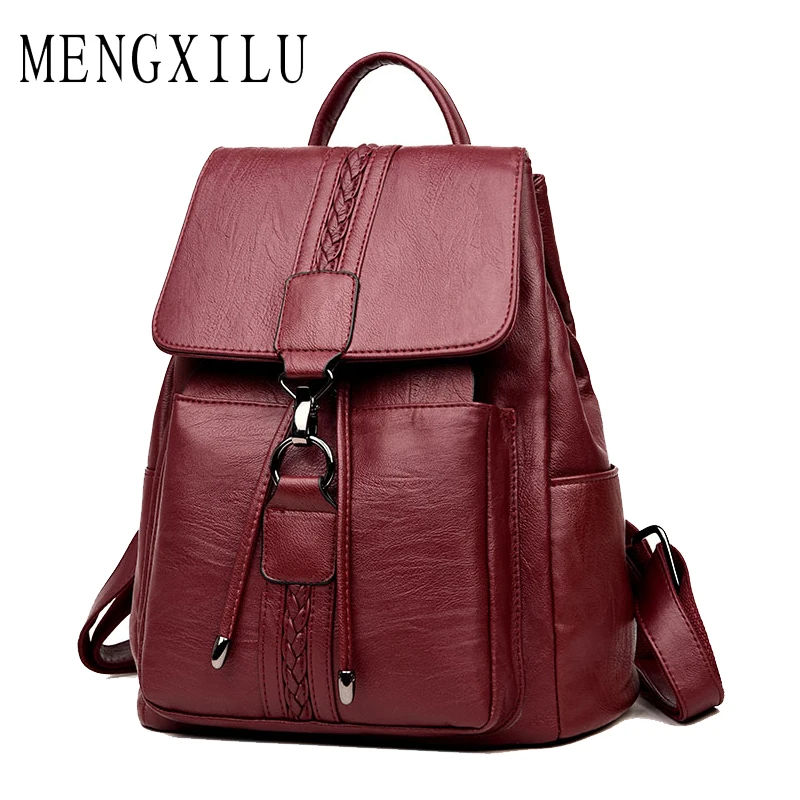 

MENGXILU Weave School Bags For Teenager Girls Backpack Female High Quality PU Leather Women Backpack mochila feminina String Red
