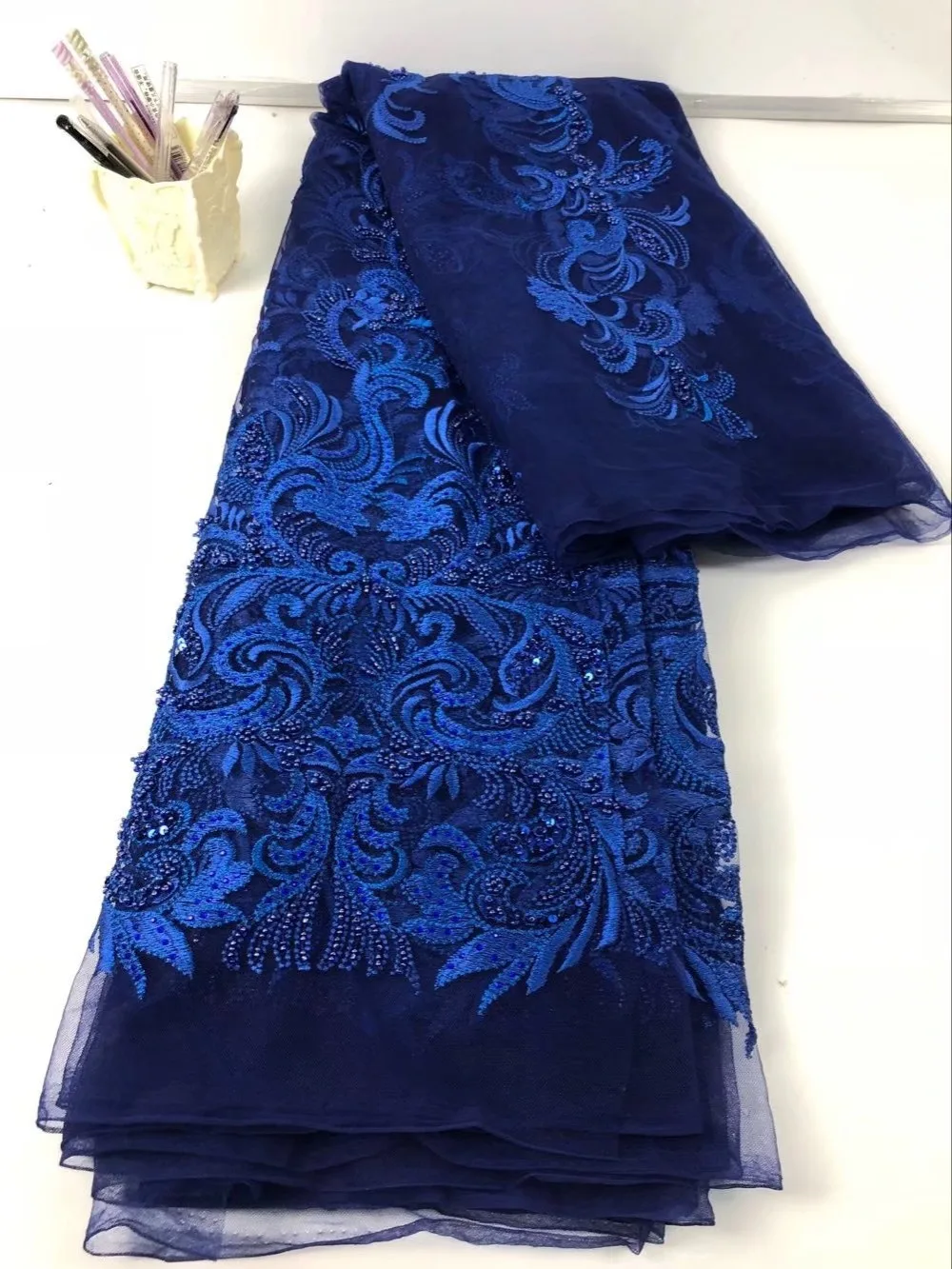

Lovely Latest African Lace Fabric 2019 Royal blue Embroidery Stones Lace Fabric Bridal Wedding French Mesh Lace Fabric