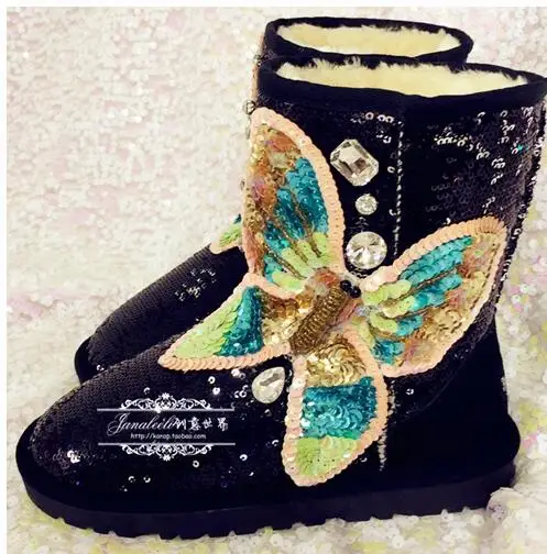 

2018 Newest Glitter Butterfly-knot Decorations Snow Boots Woman Round Toe Winter Warm Shoe High Quality Fur Inside Ankle Boots