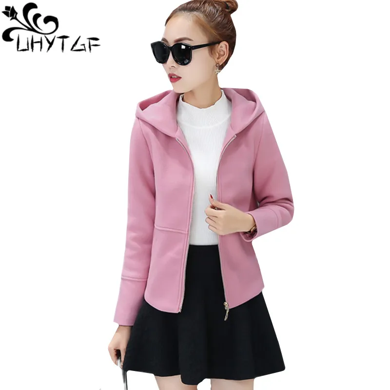 

UHYTGF Casual Autumn Winter Wool Jacket Women's New Fashion Hooded Student Short Outerwear Female Slim 3XL Loose Size Coat 202