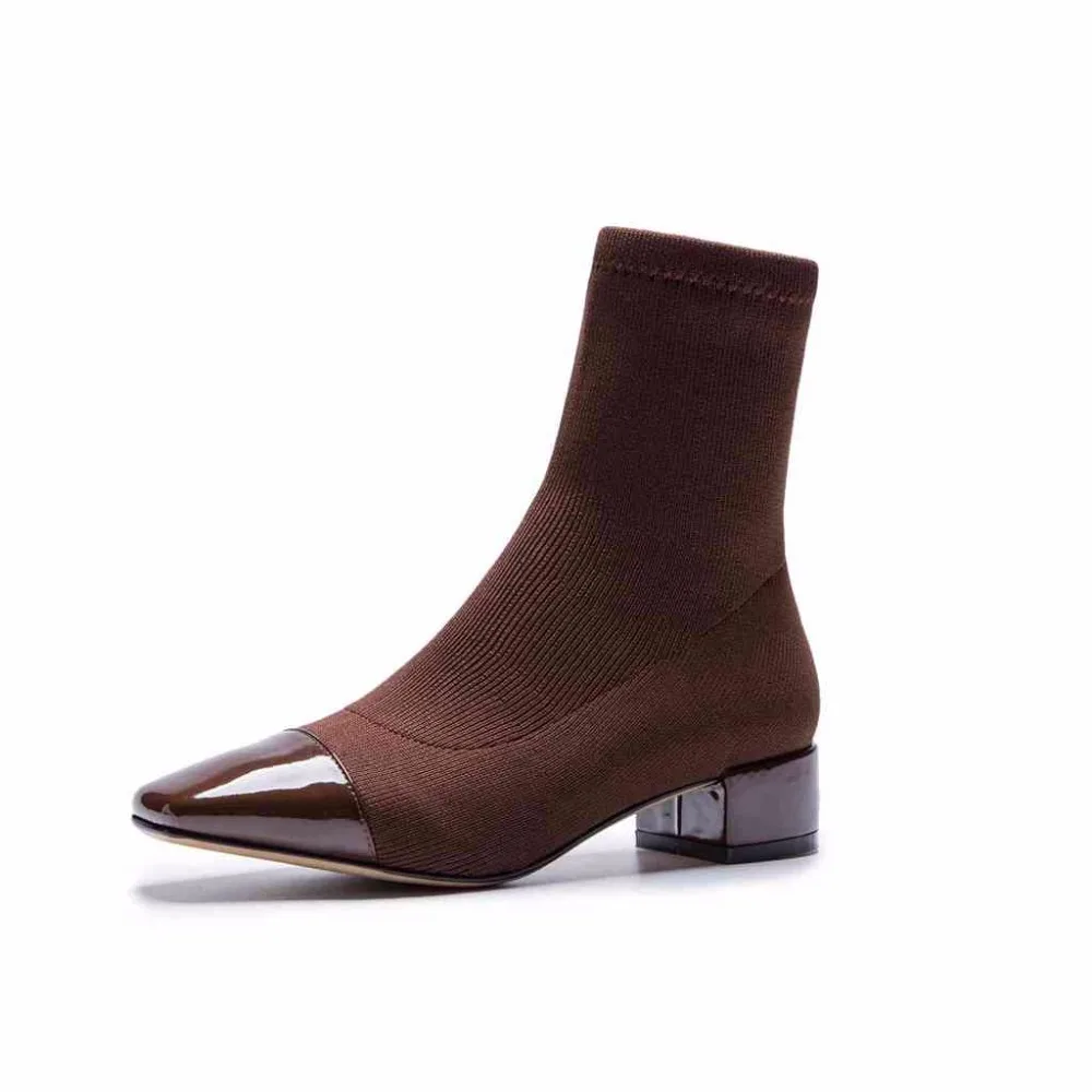 Automne Patchwork Femmes Tricoter Sur Gracieuse Lady Cheville Vente Slip Toe Épais 2018 Chaude Lenkisen Printemps Med Carré L02 Noir marron Talons À Bottes apricot 2eW9IEDHY