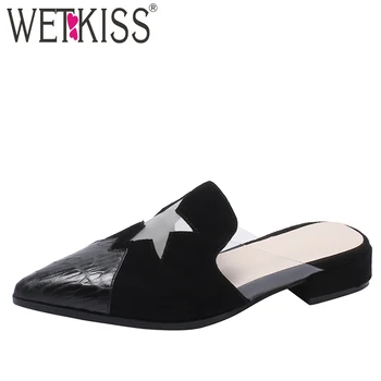

WETKISS Emboss Sheepskin Slippers Women Pointed Toe Footwear Casual Pvc Slides Shoes Low Heels Mesh Mules Shoes Woman Summer