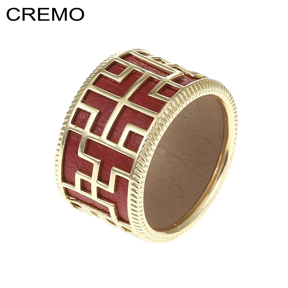 

Cremo Labyrinth Reversible Two-Tone Leather Set Ring Wide 12mm for Woman Gold Finish Refined Jewelry Hollow High Polished Bague