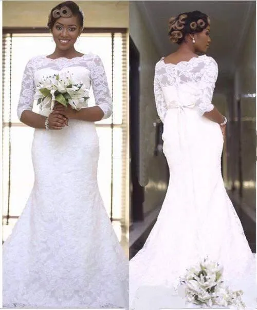 2019 Lace Modest Wedding Dress 3 4 Sleeve Jewel Neck Mermaid