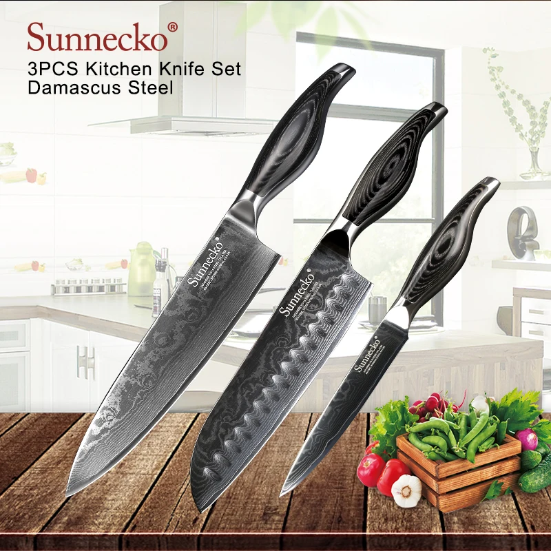 

SUNNECKO High Quality Chef Utility Santoku Knife Damascus Steel Japanese VG10 Blade Pakka Wood Handle 3PCS Kitchen Knives Set