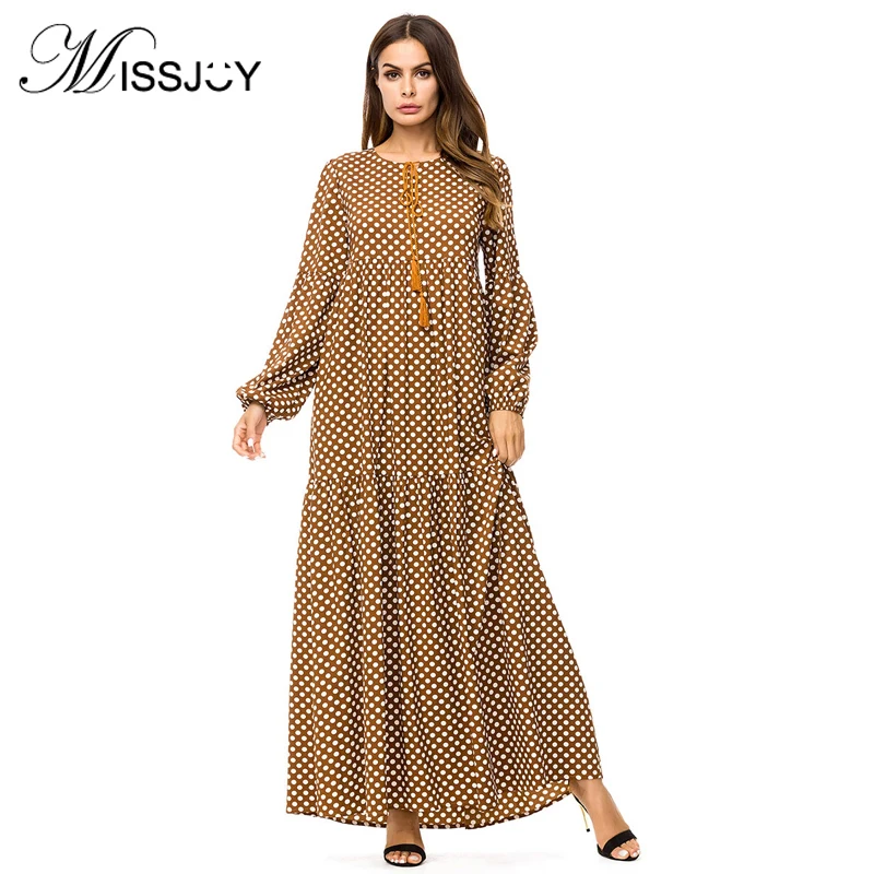

MISSJOY 2019 abaya Plus size 4XL Muslim Dubai dresses Fashion Women Long Sleeve Polka Dot Print Casual Loose Party Long turkish