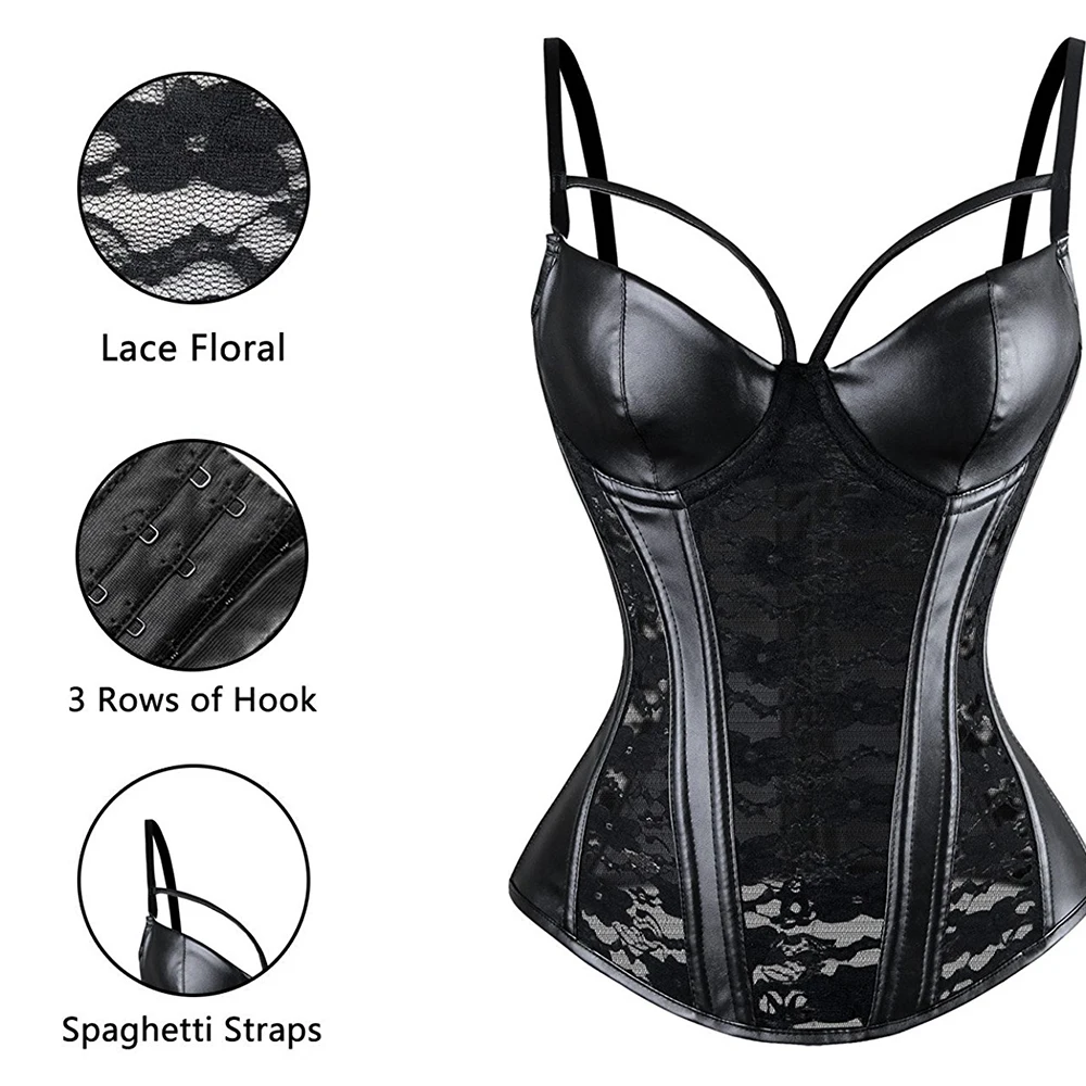 Black Lace Corset Floral Overbust Corsets Body Shaperwear Waist Vinyl Leather Body Shaper