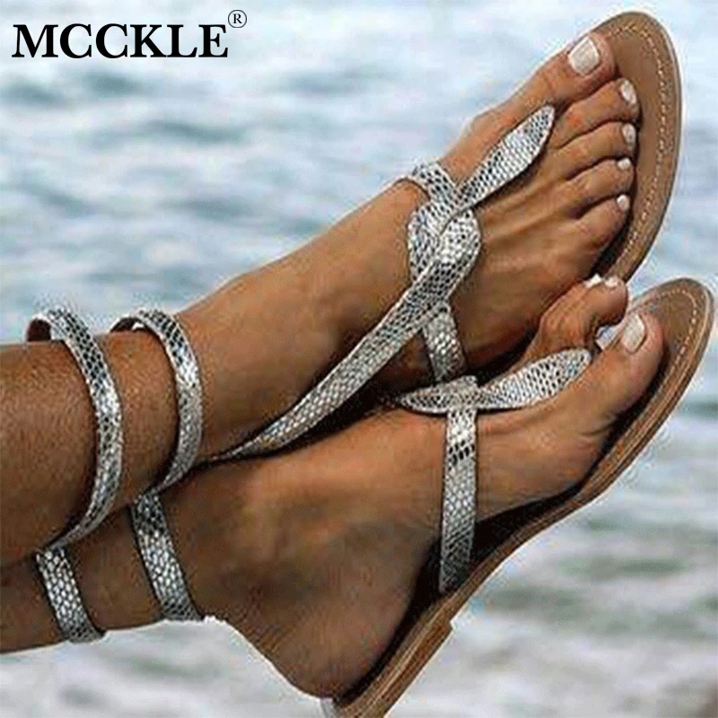 

MCCKLE Women Summer Casual Flat Gladiator Sandals Flip Flo Female Serpentine Bling Punk Thong Beach Shoes Leisure Footwear