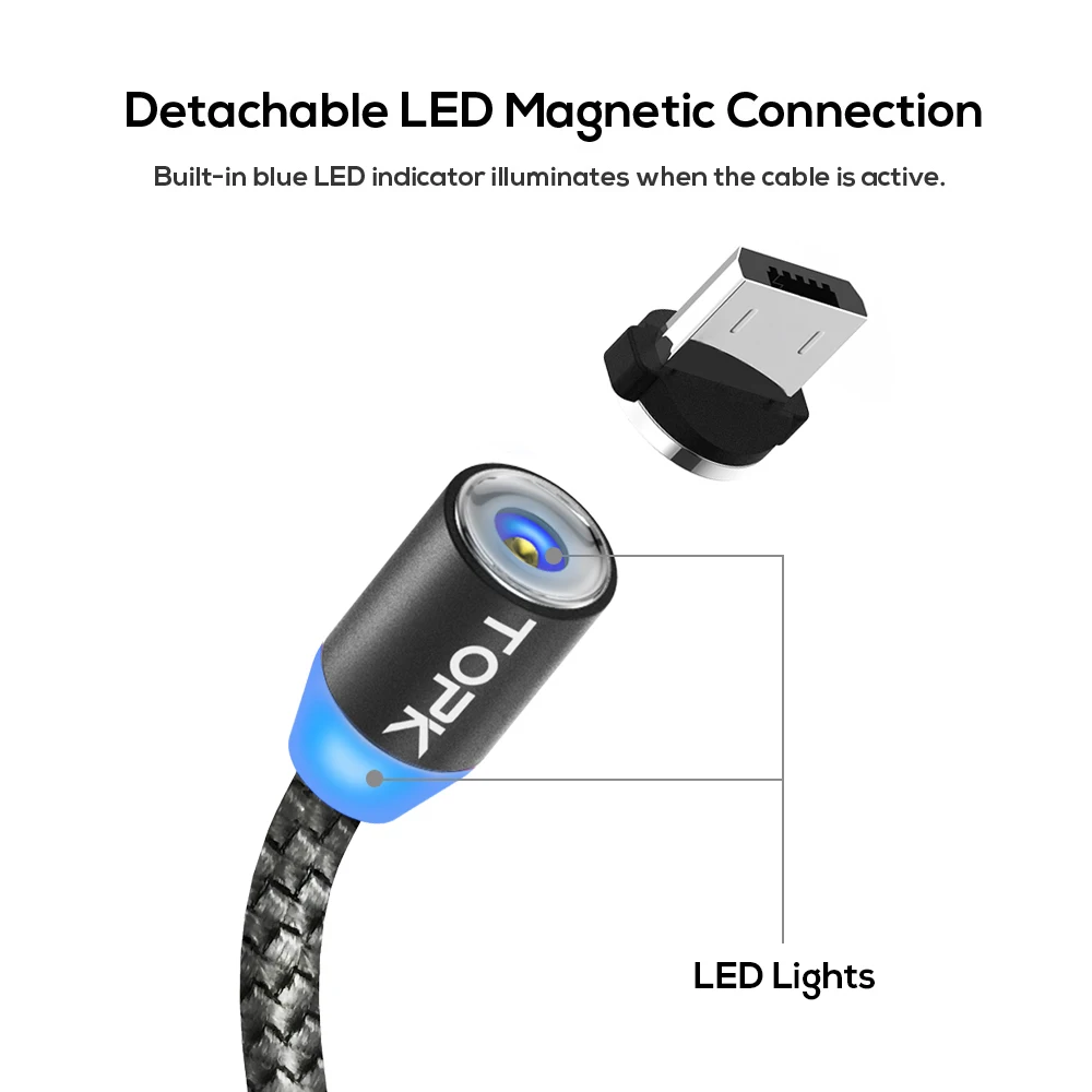 TOPK 1M LED Magnetic USB Cable for iPhone Xs Max 8 7 6 & USB Type C Cable & Micro USB Cable for Samsung Xiaomi Huawei USB C