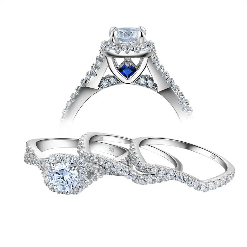 Anéis de Casamento para as Mulheres Anel de Noivado Jóias na Moda Newshe Sólido Prata Esterlina 1.3 ct Aaa cz Azul Cristal Conjunto 3 Pçs 925 13 Joias e Acessórios