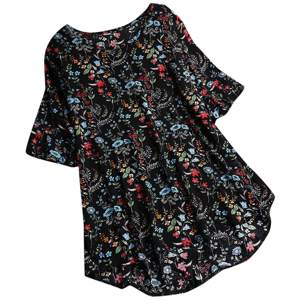 

T Shirt Women Casual Plus Size Loose Linen Sleeve T-shirt Summe Print Button Tanic Shirt tops mujer verano