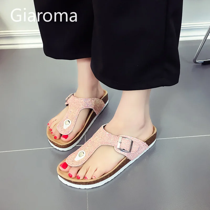 

Fashion Cork Sandals Women Slides Sandals Summer Beach Shoes Female Sequin Clog Shoes Glitter Bling Slipper Ladies Flip Flops
