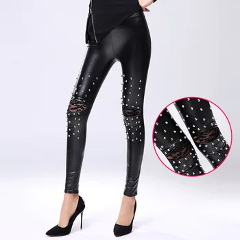 

MSAISS Spring PU Leggings Knee Hole Lace Rivet Pu Imitation Leather Personality Training High Waist Nine-minute Leggings