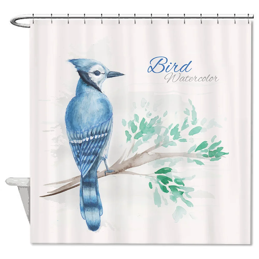 Blue Bird Watercolor Waterproof Anti bacterial Bathroom Shower Curtain
