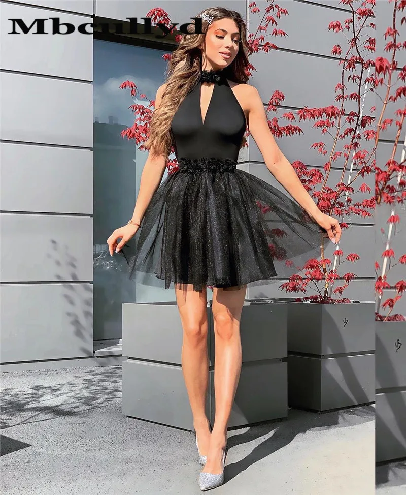 

Mbcully Sexy Halter Neck Prom Dresses 2019 African Backless Short Mini Tulle Homecoming Party Gowns For Black Girls With Flowers