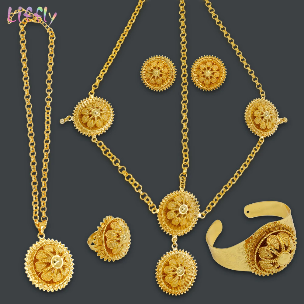 

Liffly African Luxury Bridal Jewelry Set Indian Dubai Gold Jewelry Sets for Women Necklace Earrings Ring Costume Jewelry