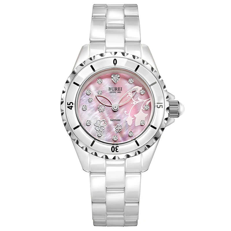 

BUREI 18005 Switzerland watch women luxury brand J12 series pearl Ceramic diamond fashion Clover flower pink relogio feminino