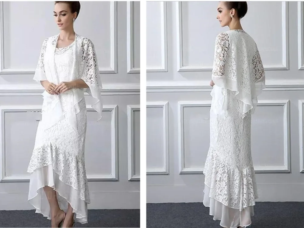 2018 Новый Лидер продаж элегантные Низкий Оболочка Свадебные Жених платья белого кружева мать невесты платья с курткой