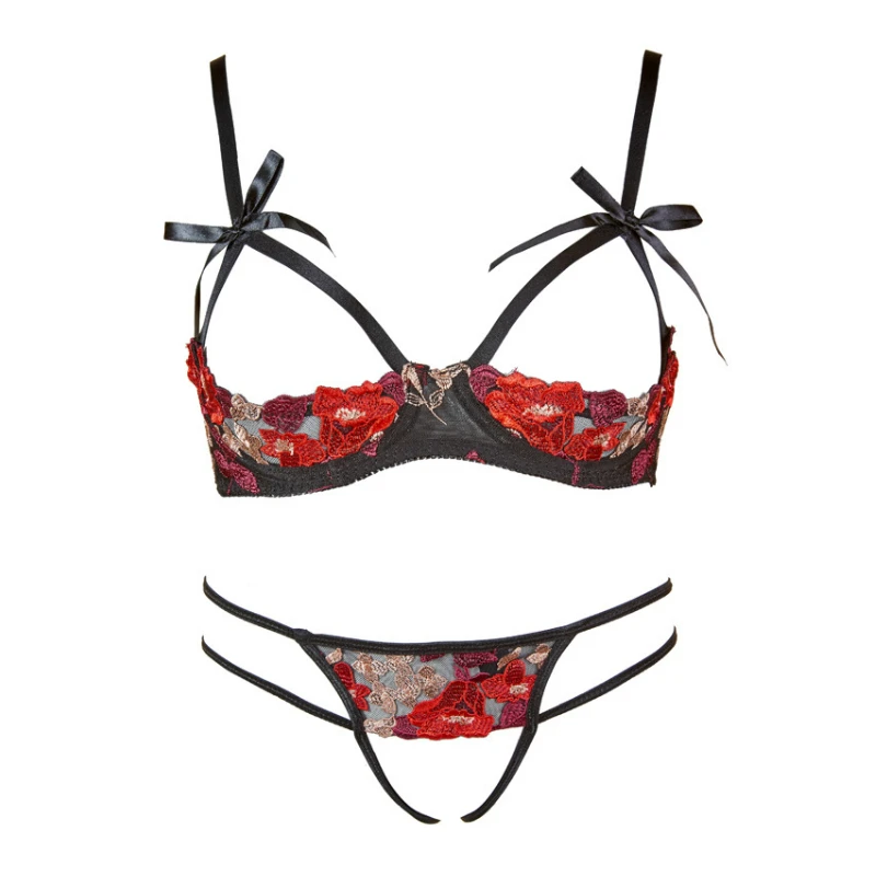 Yhotmeng Ladies Temptation Sexy Lingerie Embroidery Open Brief vs Bra Set Transparent Thin Cup Underwear Women Lace Intimate Yhotmeng Ladies Temptation Sexy Lingerie Embroidery Open Brief vs Bra Set Transparent Thin Cup Underwear Women Lace Intimate