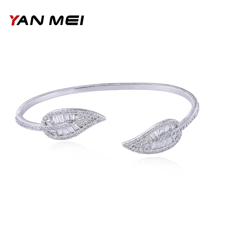 YANEMI Silver Crystal Leaf Charm Bracelet For Women Cubic Zirconia Open