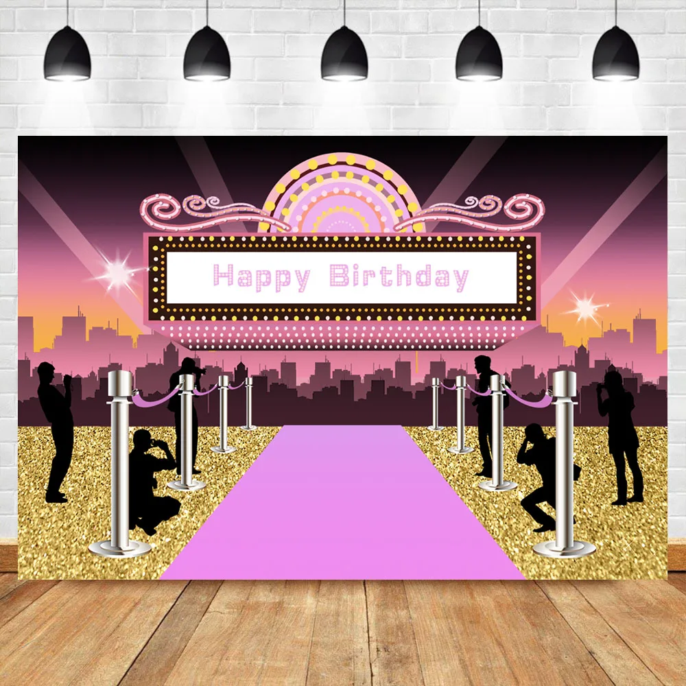 

NeoBack Hollywood Birthday Party Photography Backdrops Pink Carpet City Building Custom Background for Photo Shoots