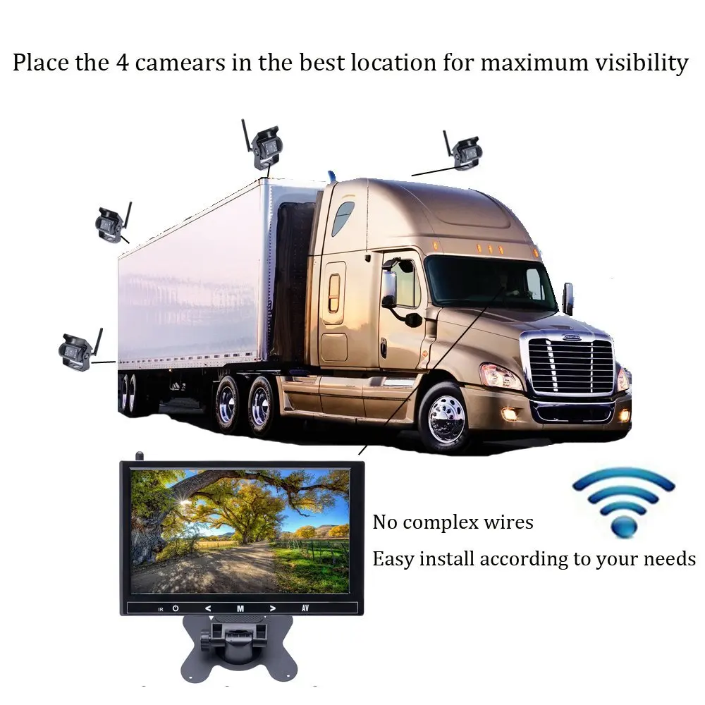 AMPrime 9 Inch Car Parking Monitor with 18 IR Rear View Camera 2.4 GHz wireless Transmitter Receiver Kit for Truck Trailer Bus car tv monitor