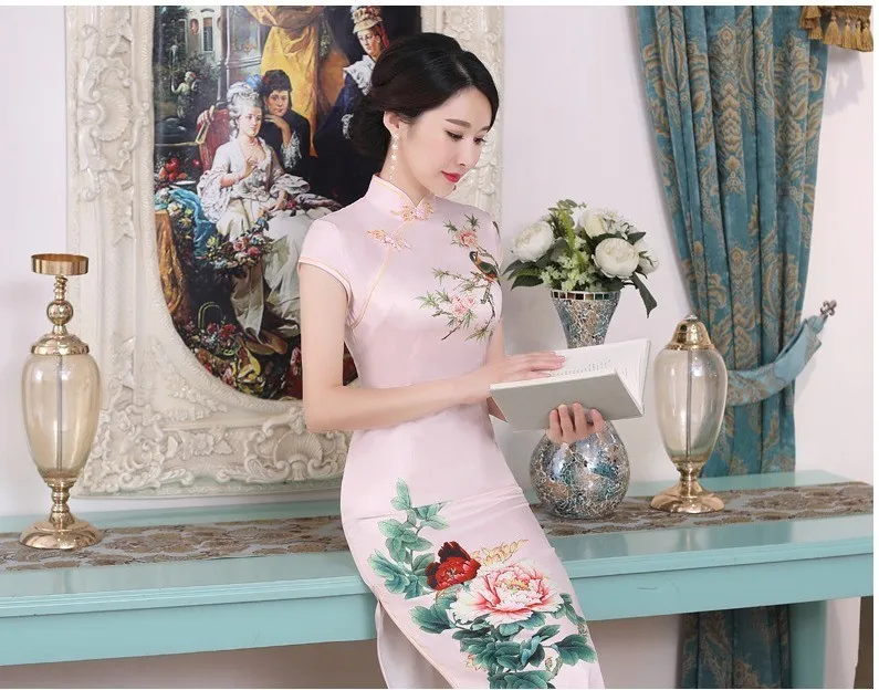 Шэн Коко Восточный халат Chinois Qipao платья для женщин сливы филиал шаблон печати Cheongsam Элегантные Длинные атласное платье плюс размеры