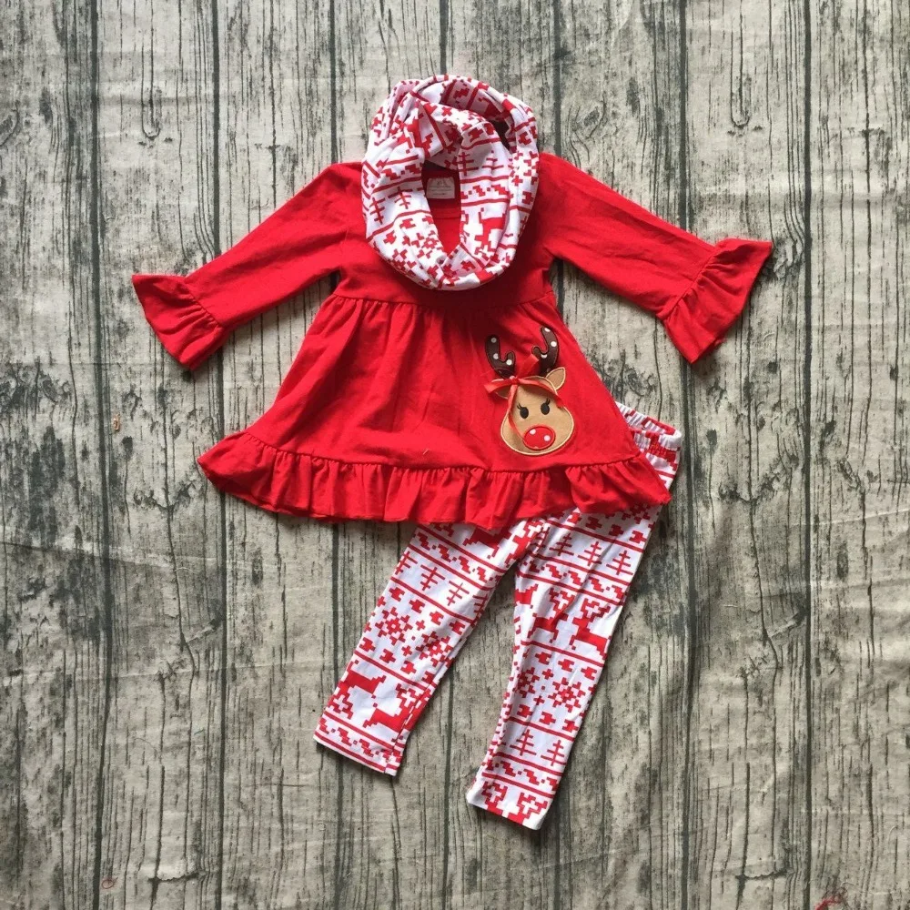 

Christmas baby fall/winter girls 3 pieces scarf boutique reindeer red Aztec pant children cotton clothes ruffles top outfits kid