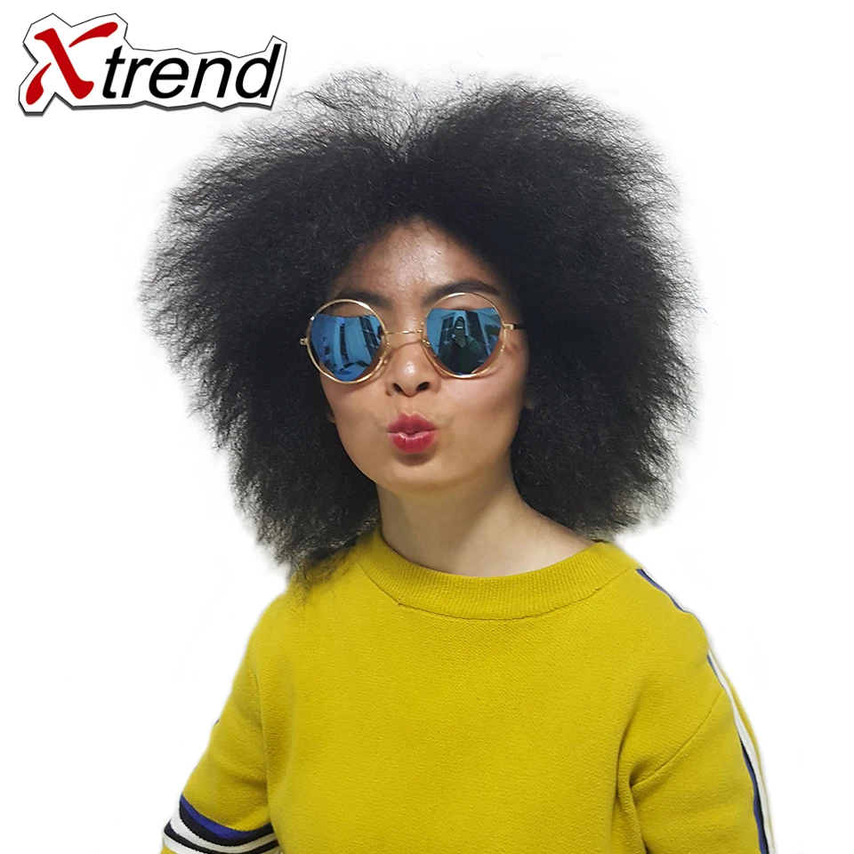 Image Xtrend 6inch Short Synthetic Kinky Curly Wig None Lace Front Wigs Adjustable Black High Temperature Fiber Hair For African Women